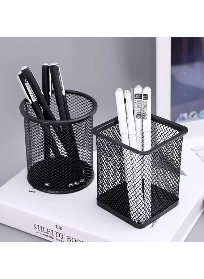 Sturdy Black Mesh Iron Pen Holder Floral Pattern Square Shape Ideal For Storing Pens Pencils And Brushes Desktop Accessories 1pc - Image 1