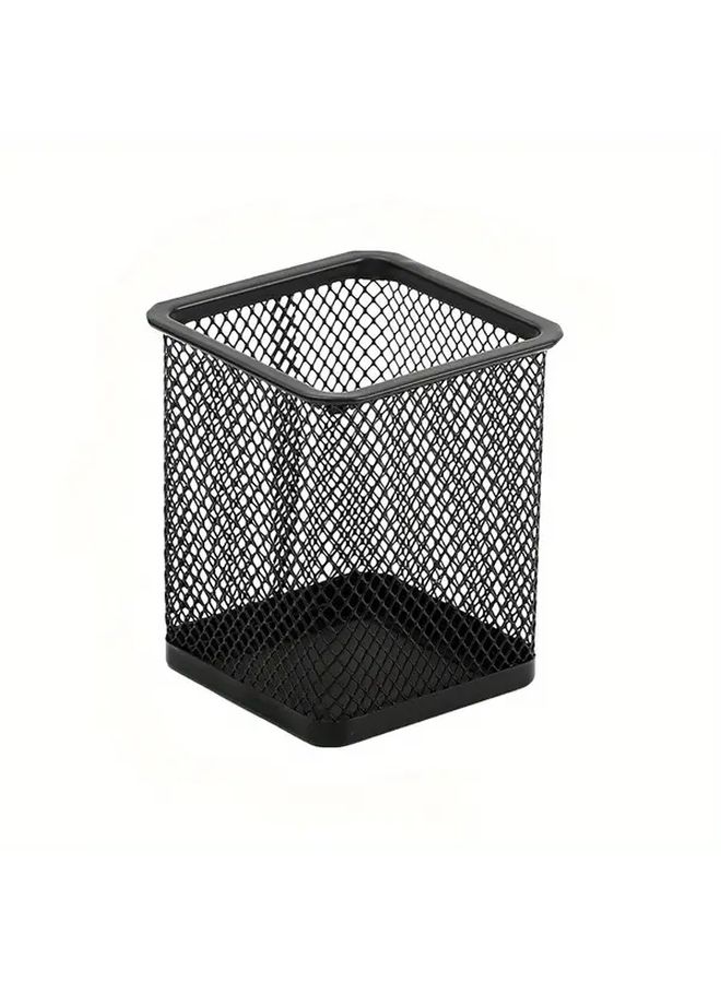 Sturdy Black Mesh Iron Pen Holder Floral Pattern Square Shape Ideal For Storing Pens Pencils And Brushes Desktop Accessories 1pc - Image 5
