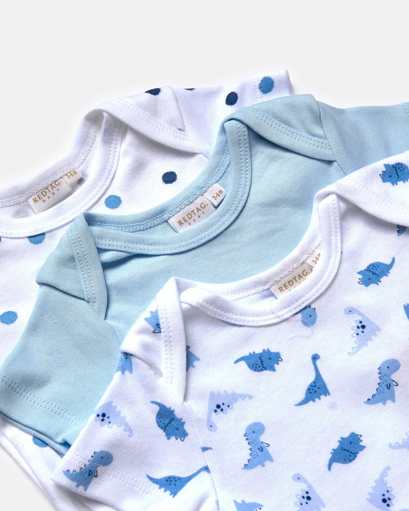 Redtag Baby Blue And White Printed Bodysuit Set (3 Piece)