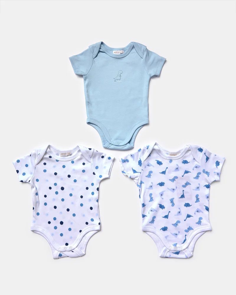 Redtag Baby Blue And White Printed Bodysuit Set (3 Piece)