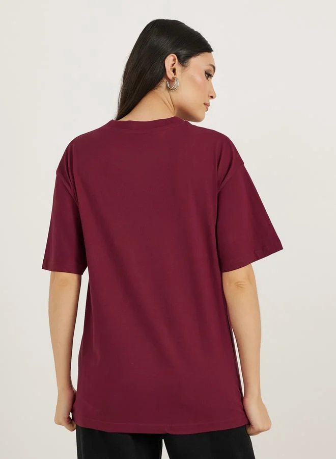 Styli Oversized Slogan Embroidered Short Sleeve T-Shirtâ€‹