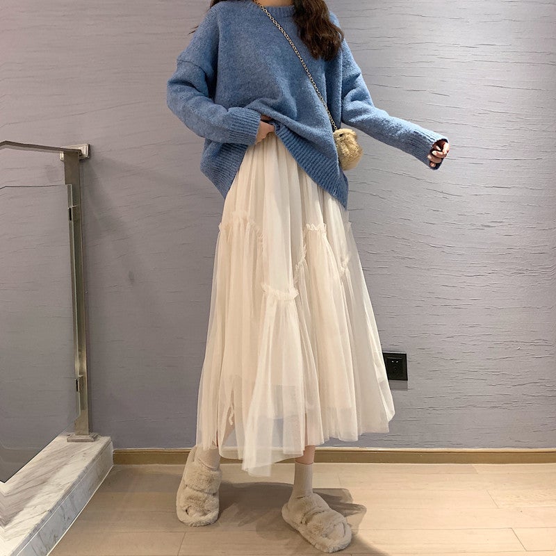 Spring New High-Waisted Asymmetrical Mesh Skirt Summer Women'S Hip-Covering Mid-Length Large Hem Pleated Skirt A-Line Skirt - Image 1