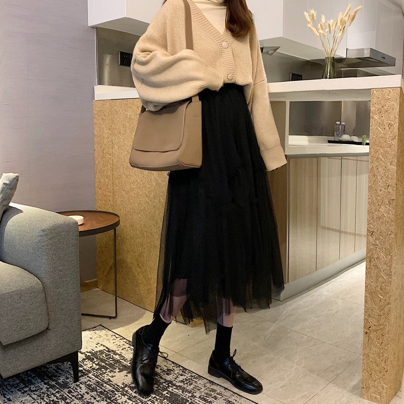 Spring New High-Waisted Asymmetrical Mesh Skirt Summer Women'S Hip-Covering Mid-Length Large Hem Pleated Skirt A-Line Skirt - Image 3