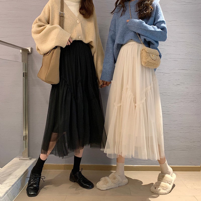 Spring New High-Waisted Asymmetrical Mesh Skirt Summer Women'S Hip-Covering Mid-Length Large Hem Pleated Skirt A-Line Skirt - Image 5