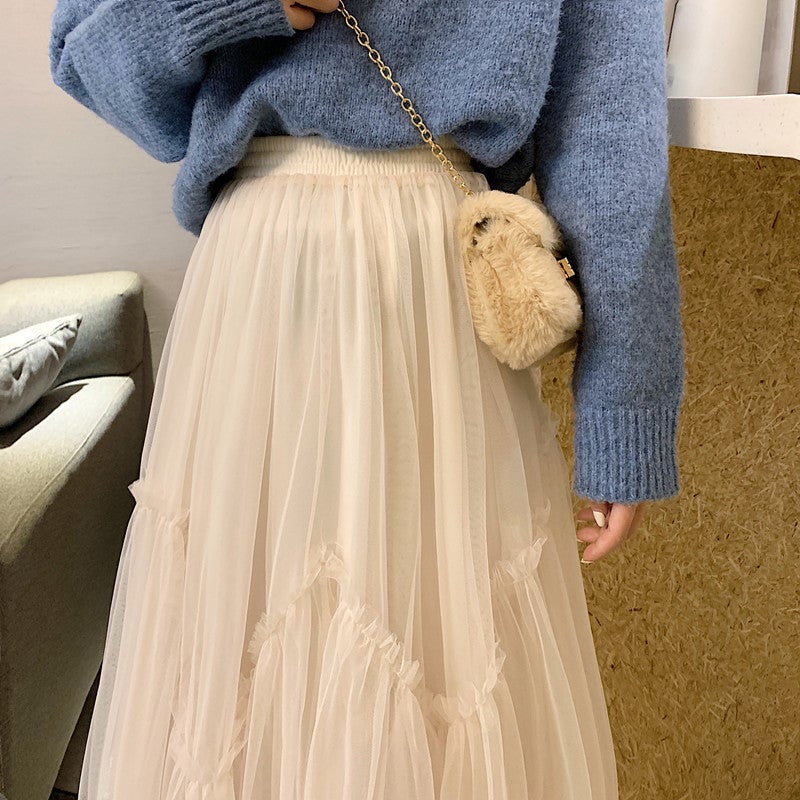 Spring New High-Waisted Asymmetrical Mesh Skirt Summer Women'S Hip-Covering Mid-Length Large Hem Pleated Skirt A-Line Skirt - Image 4