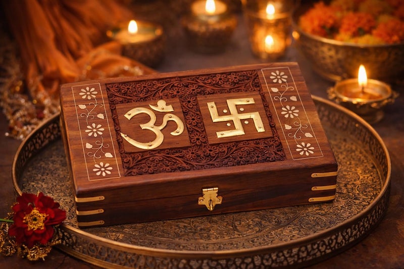 Woodiva Beautiful Handmade Sheesham Wooden Storage Box - Hand Carved Jewelry Box & Decorative Gift OM Box (10X6X2.5 Inches) Octagonal (Om+Swastic) - Image 5