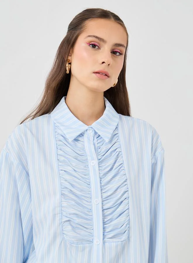 Take Two Take Two Striped Spread Collar Oversized Shirt with Gathered Detail