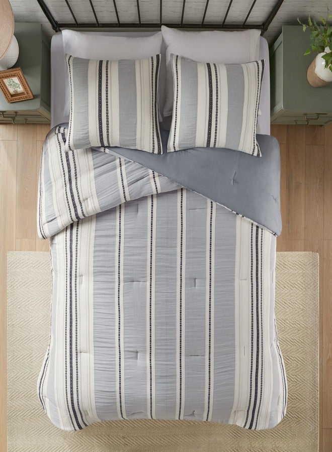 Hyde Lane Farmhouse Bedding Set,Blue Modern King Size Comforter,Cotton Top with Neutral Rustic Style Stripes, Boho Bedroom Bed Sets,3-Pieces Including Matching Pillow Shams(104x90 Inches) - Image 2
