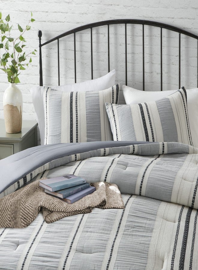 Hyde Lane Farmhouse Bedding Set,Blue Modern King Size Comforter,Cotton Top with Neutral Rustic Style Stripes, Boho Bedroom Bed Sets,3-Pieces Including Matching Pillow Shams(104x90 Inches) - Image 4