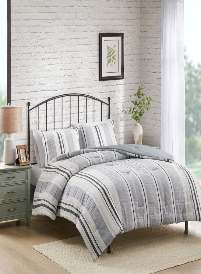 Hyde Lane Farmhouse Bedding Set,Blue Modern King Size Comforter,Cotton Top with Neutral Rustic Style Stripes, Boho Bedroom Bed Sets,3-Pieces Including Matching Pillow Shams(104x90 Inches) - Image 3