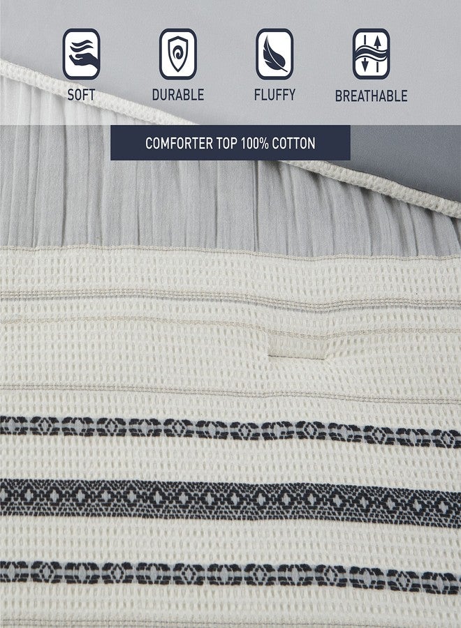 Hyde Lane Farmhouse Bedding Set,Blue Modern King Size Comforter,Cotton Top with Neutral Rustic Style Stripes, Boho Bedroom Bed Sets,3-Pieces Including Matching Pillow Shams(104x90 Inches) - Image 5