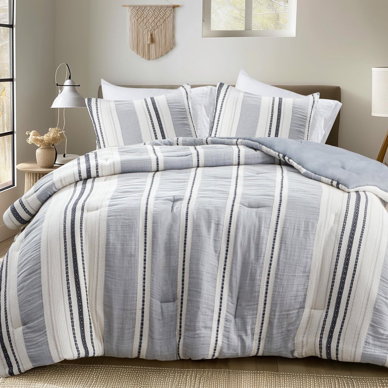Hyde Lane Farmhouse Bedding Set,Blue Modern King Size Comforter,Cotton Top with Neutral Rustic Style Stripes, Boho Bedroom Bed Sets,3-Pieces Including Matching Pillow Shams(104x90 Inches) - Image 1