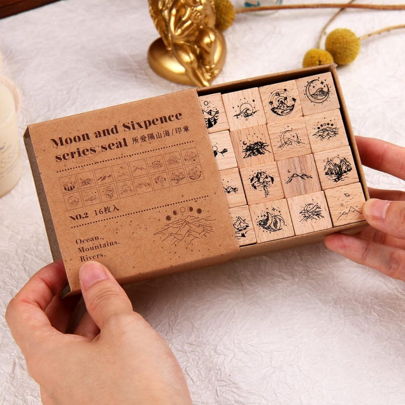 RISYPISY Vintage Wooden Rubber Stamps, 16Pcs Mountain Decorative Rubber Stamp for Scrapbooking, Diaries, Planners, Cards - Image 4