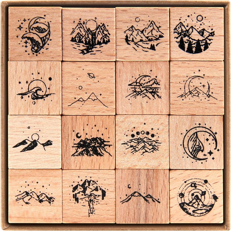 RISYPISY Vintage Wooden Rubber Stamps, 16Pcs Mountain Decorative Rubber Stamp for Scrapbooking, Diaries, Planners, Cards - Image 1