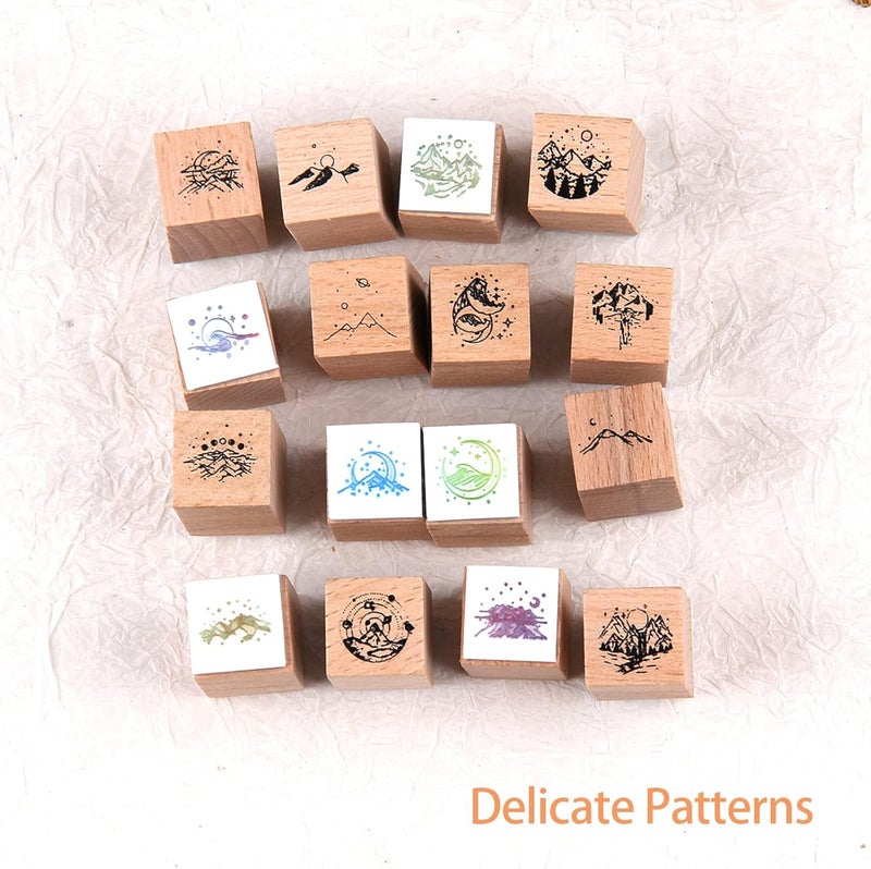 RISYPISY Vintage Wooden Rubber Stamps, 16Pcs Mountain Decorative Rubber Stamp for Scrapbooking, Diaries, Planners, Cards - Image 2