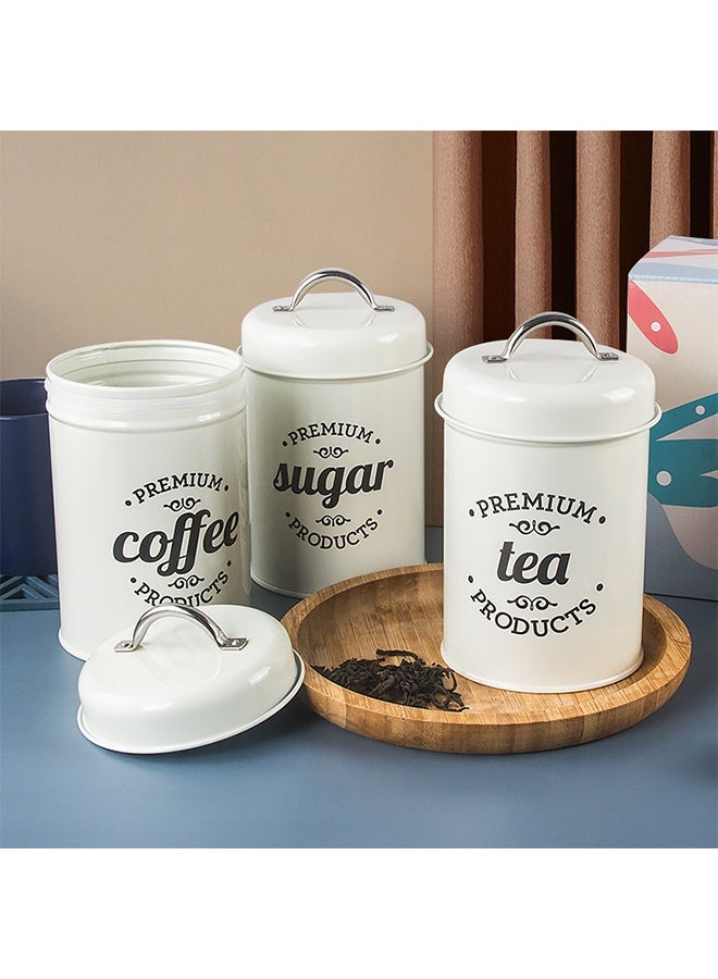 3 قطع علبة مطبخ محكمة الإغلاق مع أغطية، أوعية قهوة وشاي وسكر وعلب معدنية للمطبخ مزخرفة بعلب طعام للمطبخ باللون الأبيض - Image 3