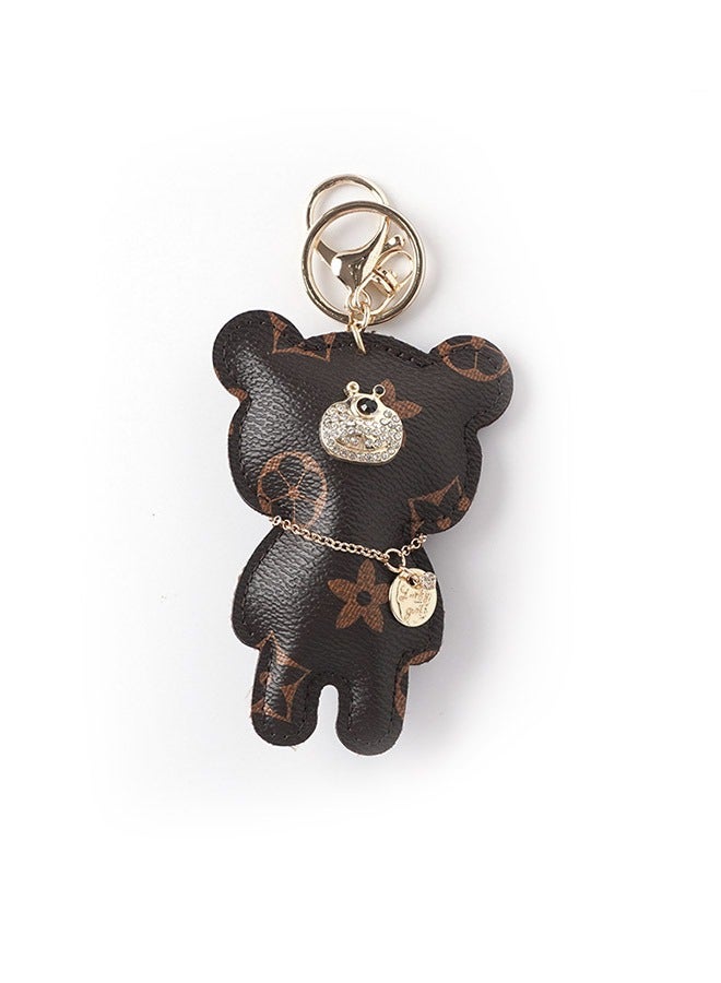 PU Leather Diamond Studded Bear Keychain Wristlet, Cartoon Creative Printed Bear Car Phone Bag Keychain, Cute Couple Alloy Key Ring (Brown) - Image 1
