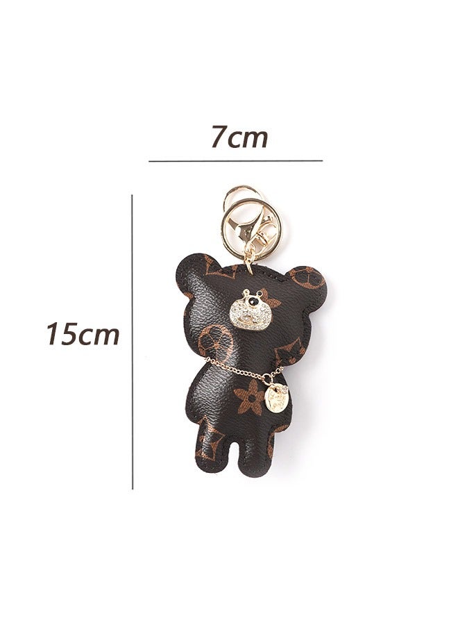 PU Leather Diamond Studded Bear Keychain Wristlet, Cartoon Creative Printed Bear Car Phone Bag Keychain, Cute Couple Alloy Key Ring (Brown) - Image 2