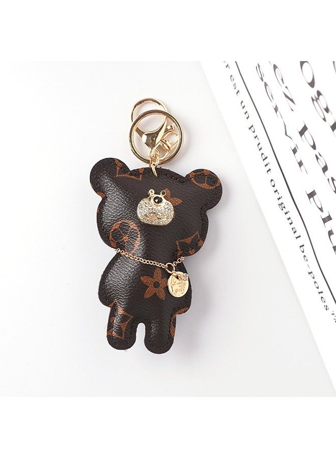 PU Leather Diamond Studded Bear Keychain Wristlet, Cartoon Creative Printed Bear Car Phone Bag Keychain, Cute Couple Alloy Key Ring (Brown) - Image 4
