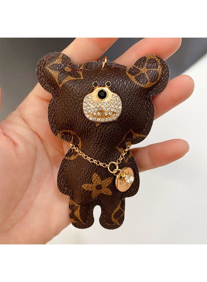 PU Leather Diamond Studded Bear Keychain Wristlet, Cartoon Creative Printed Bear Car Phone Bag Keychain, Cute Couple Alloy Key Ring (Brown) - Image 5