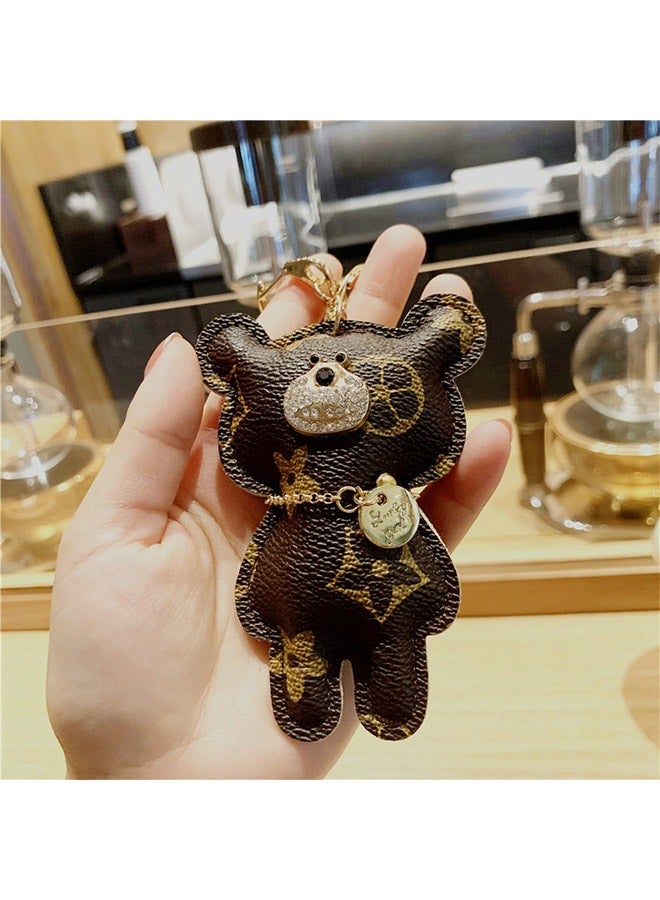 PU Leather Diamond Studded Bear Keychain Wristlet, Cartoon Creative Printed Bear Car Phone Bag Keychain, Cute Couple Alloy Key Ring (Brown) - Image 3