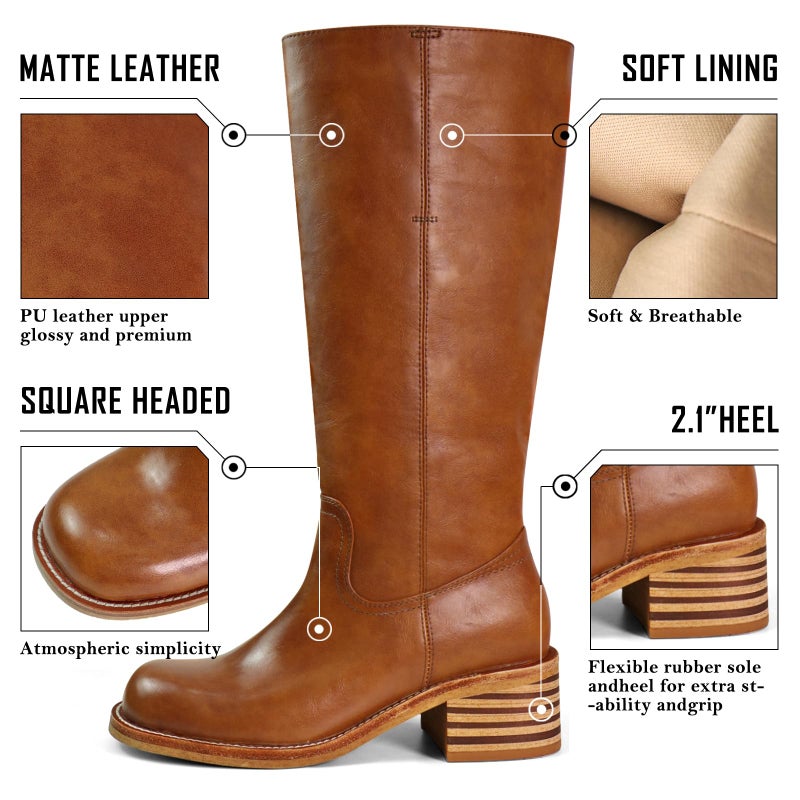 VBDB Saddle Platform Knee High Boots for Women Square Toe Chunky Block Heel Long Boots Wide Calf Campus Boots Pull on Riding Shoes for Women Size 8 - Image 4