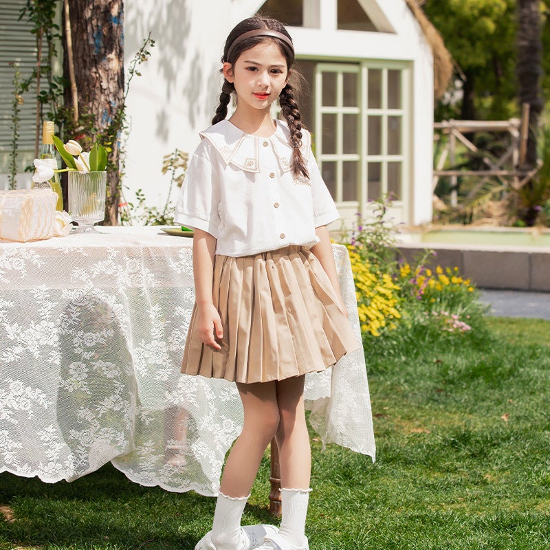Girls suit 2025 Summer Primary and Secondary School Students Pleated Skirt Childrens Short-sleeved Shirt Childrens Wear Womens JK Skirt Two-piece Set khaki skirt suit