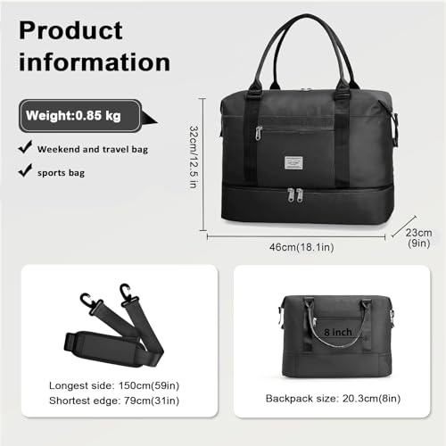 TANTOMI Travel Duffle Bag for Women Personal Item Travel Bag with Shoes Compartment Weekender Overnight Bag Carry On Duffle Bag Tote Gym Bag for Travel Sports Hospital Dance Black - Image 3
