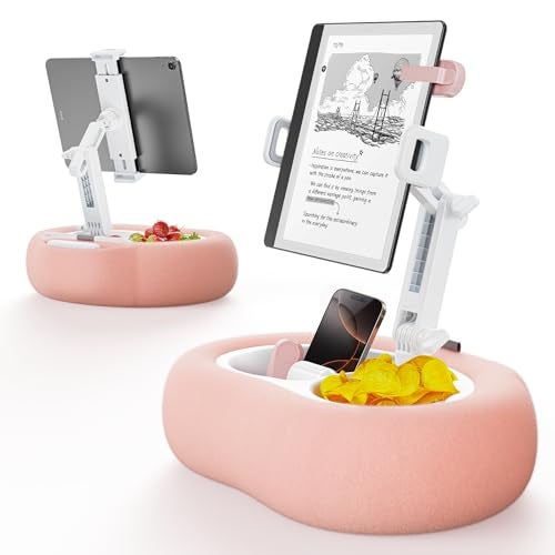TAZENI Tablet Kindle Pillow Stand Holder with 2 Trays Fit 4''-13'' Phone/Tablet/Kindle iPad Holder Stand for Bed with Soft Plus Fabric Reading Accessories Gift, Pink - Image 1