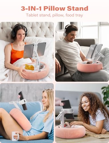 TAZENI Tablet Kindle Pillow Stand Holder with 2 Trays Fit 4''-13'' Phone/Tablet/Kindle iPad Holder Stand for Bed with Soft Plus Fabric Reading Accessories Gift, Pink - Image 2