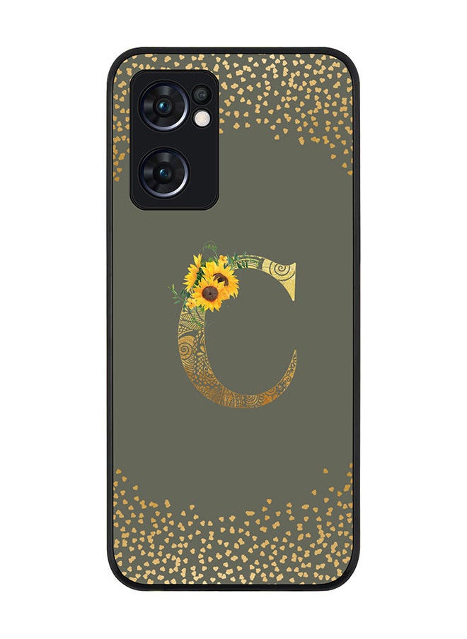 Stylizedd - Rugged Black edge case for Oppo Reno7 5G  Slim fit Soft Case Flexible Rubber Edges Anti Drop TPU Gel Thin Cover - Custom Monogram Initial Letter Floral Pattern Alphabet - C (Olive Green ) - Image 1