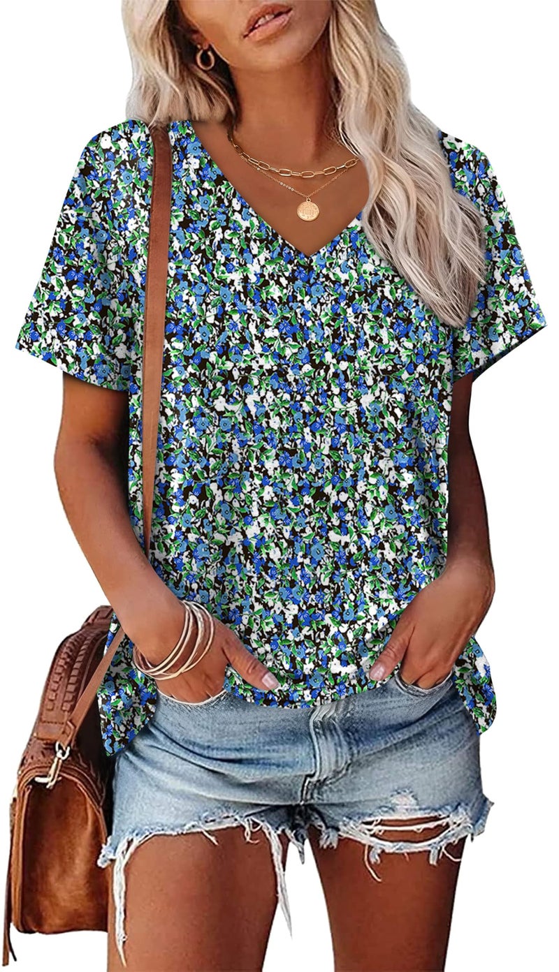 Alaroo Cute Summer Tops for Women Floral V Neck T Shirts Womens Blouse Short Sleeve Business Casual Outfits Print 07 XL - Image 2