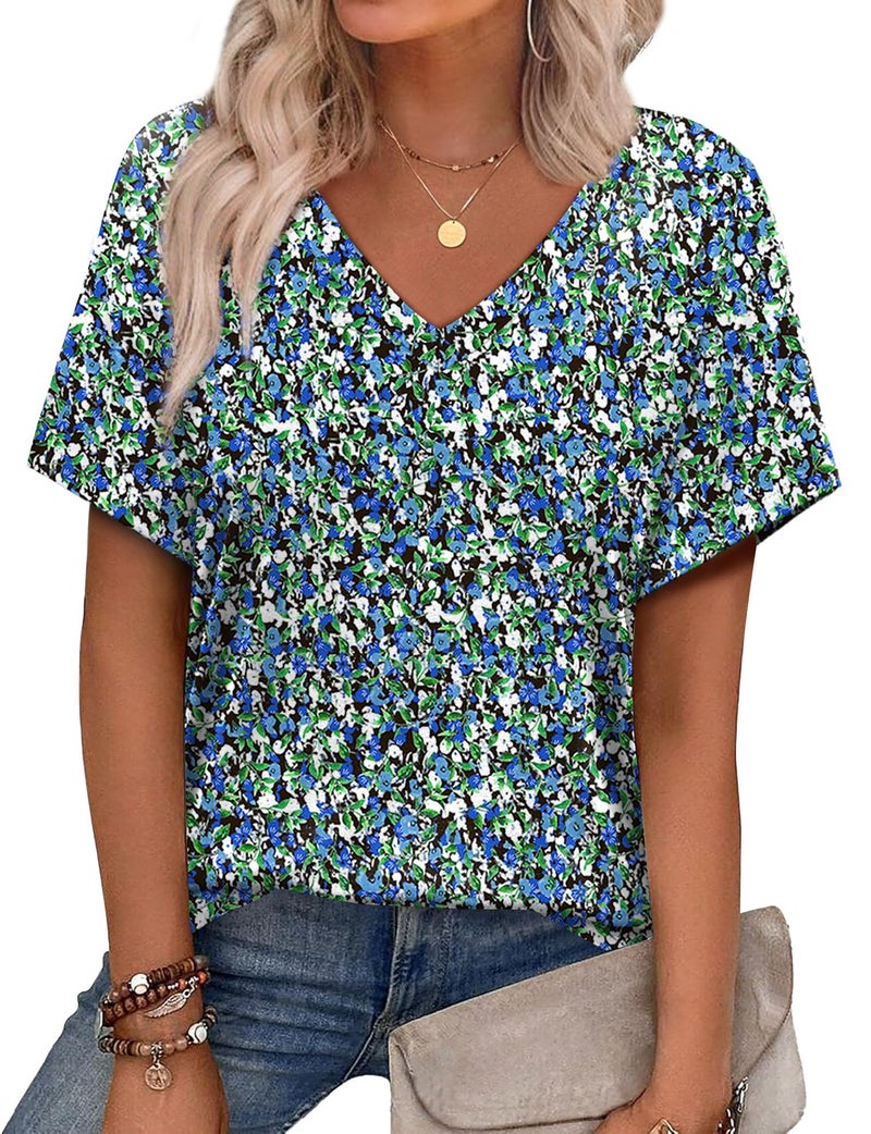 Alaroo Cute Summer Tops for Women Floral V Neck T Shirts Womens Blouse Short Sleeve Business Casual Outfits Print 07 XL - Image 1