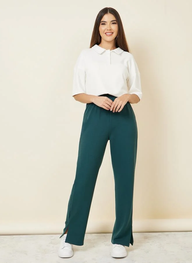 ستايلي Styli Textured Back Slogan Print Polo T-shirt and Straight Leg Jogger Set