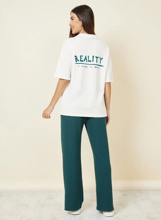 ستايلي Styli Textured Back Slogan Print Polo T-shirt and Straight Leg Jogger Set