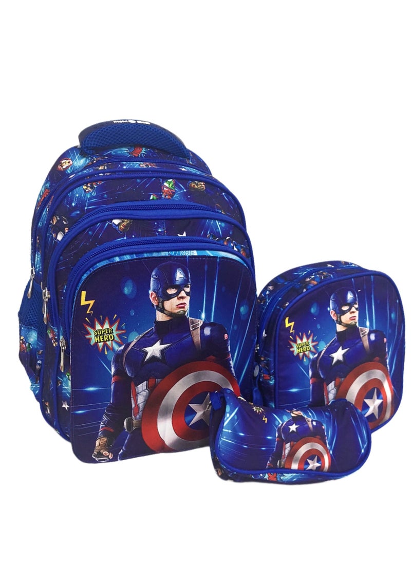 MAM - Wide large triple flap captain America faces trendy school baded multizips bag backpack with thermal lunch bag and pencil case - Image 1