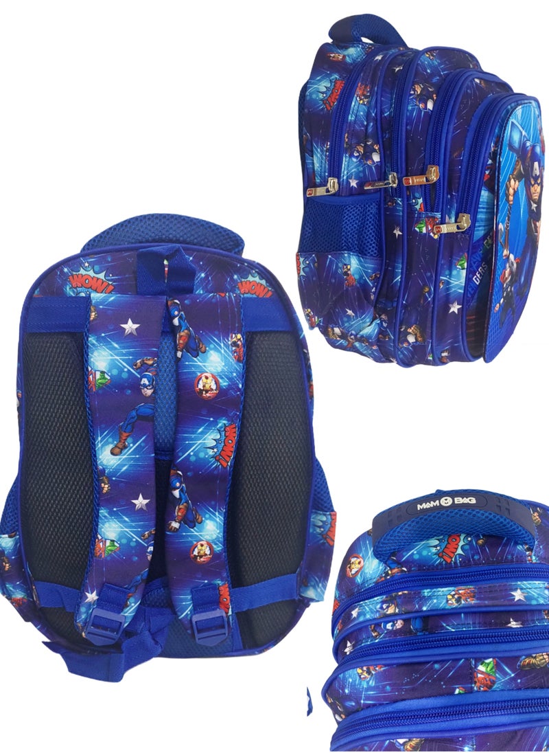MAM - Wide large triple flap captain America faces trendy school baded multizips bag backpack with thermal lunch bag and pencil case - Image 1