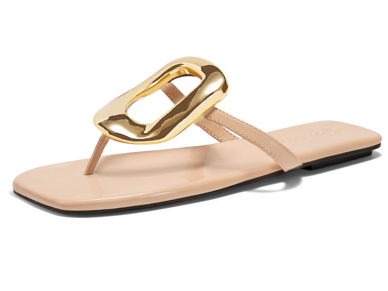 Coutgo Womens Flat Sandals Dress Slide Sandals Thong Summer Beach Shoes with Metal Decorationn,Nude,size 10 - Image 1