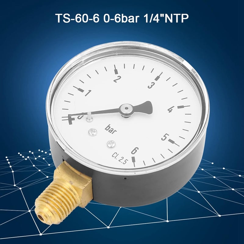 مقياس ضغط هوائي هيدروليكي بقطر 1/4 بوصة وموصل NPT، يعمل في نطاق 0-6 بار، مثبت على الجانب، مع علامات رقمية واضحة؛ أداة قياس الضغط مصنوعة من المعدن، مناسبة للاستخدام الصناعي والمنزلي. - Image 3