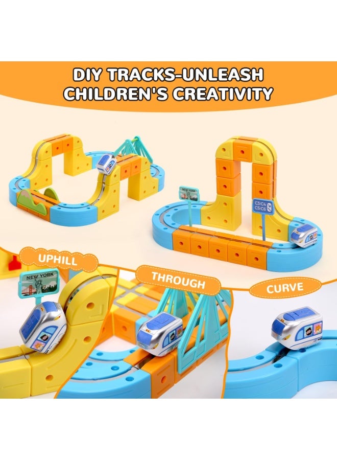 CityRiya-Long Magnetic Track Set with Electric Train, Electric Train Set for Kids,  84 PCS 3D Flexible Race Track with Train and Traffic Signs for Toddlers, DIY Magnetic Track Car Toys, Train Track Toy Gift for Children 3-8 Years Boys Girls - Image 2