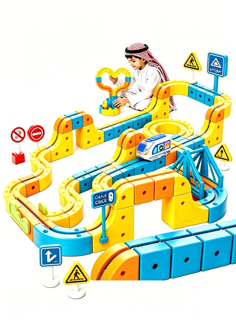 CityRiya-Long Magnetic Track Set with Electric Train, Electric Train Set for Kids,  84 PCS 3D Flexible Race Track with Train and Traffic Signs for Toddlers, DIY Magnetic Track Car Toys, Train Track Toy Gift for Children 3-8 Years Boys Girls - Image 1