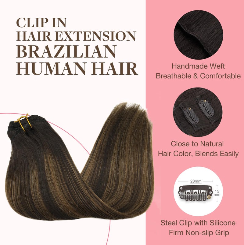 Goo-Goo GOO GOO Clip in Hair Extensions Real Human Hair, Remy Human Hair Extensions Clip ins for Women, Natural Human Hair, 16inch 120g 7Pcs, 2/6/2 Balayage Dark Brown to Chestnut Brown - Image 3