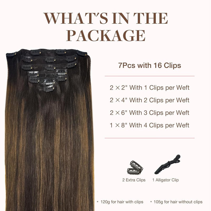 Goo-Goo GOO GOO Clip in Hair Extensions Real Human Hair, Remy Human Hair Extensions Clip ins for Women, Natural Human Hair, 16inch 120g 7Pcs, 2/6/2 Balayage Dark Brown to Chestnut Brown - Image 2