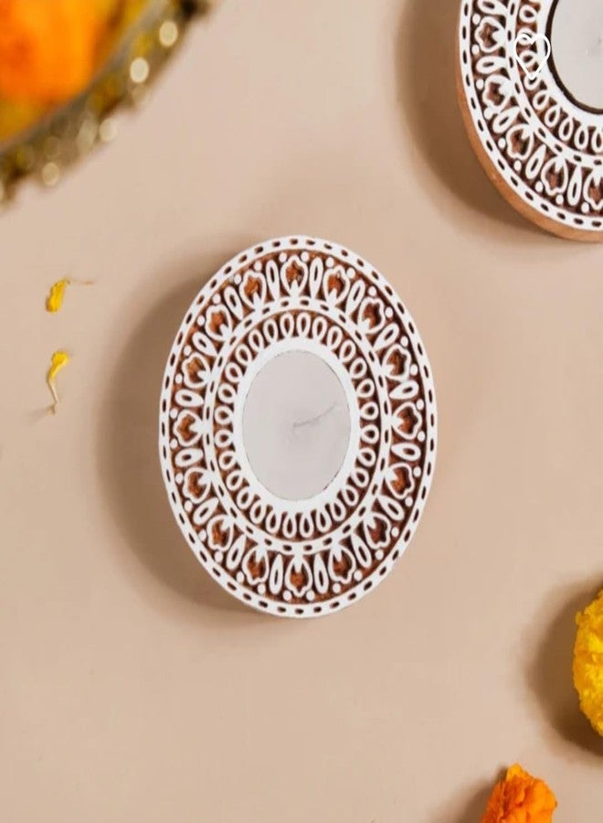 Lifeu مجموعة حامل شموع خشبية من قطعتين بتصميم رانجولي، مصنوعة يدويًا من الخشب المطبوع عليه رسومات يدوية، مثالية لتزيين المنزل في ديوالي. - Image 3
