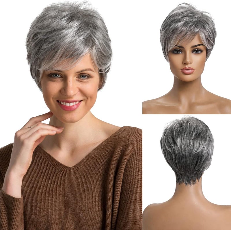 EMMOR Short Grey Human Hair Wigs for Women Blend with Healthy Memory Fiber Pixie Curly Wig With BangNatural Daily Use Hair Mixed Grey