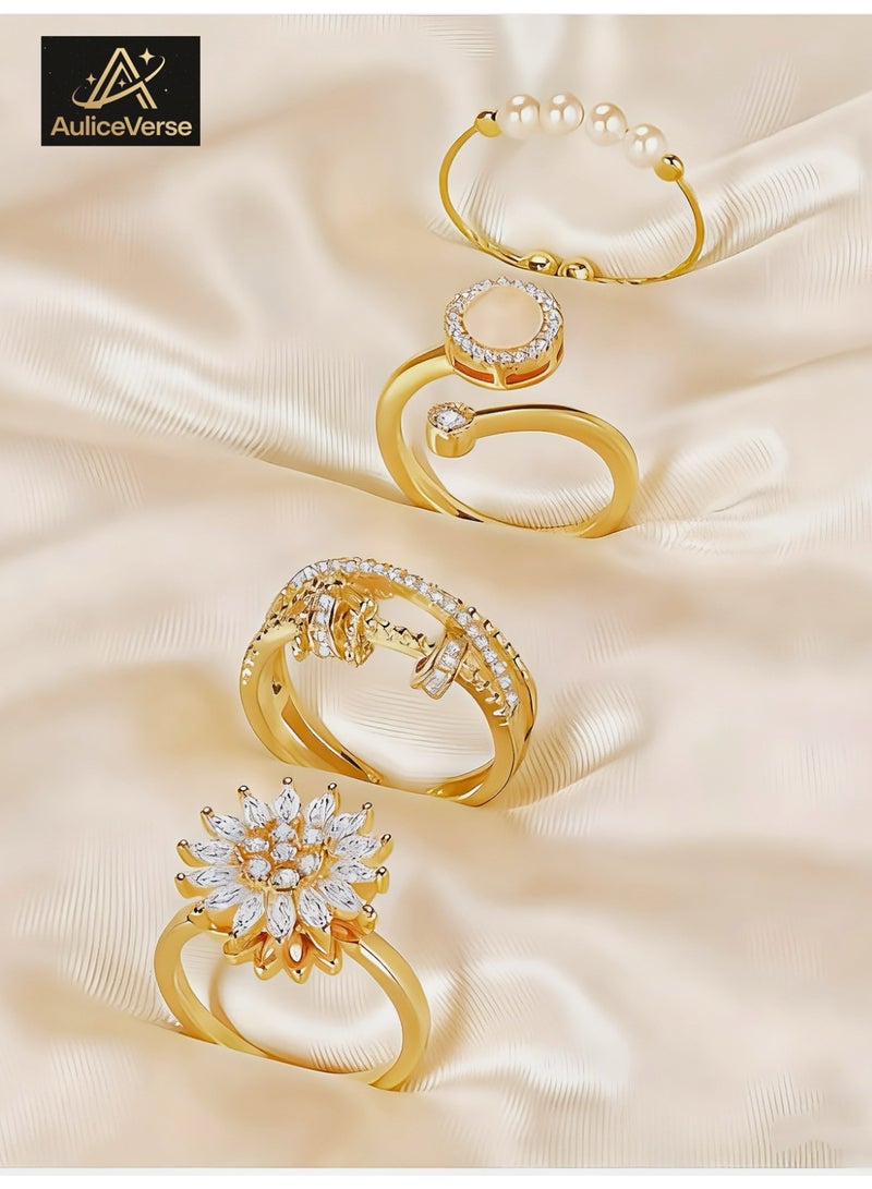 AuliceVerse 4Pcs Gold Plated Adjustable Spinner Anxiety Rings for Women - Pearl & Crystal Accent Stress Relief Rotation Rings, Floral/Curved Design Fidget Statement Rings for Daily Wear & Gifts - Image 1