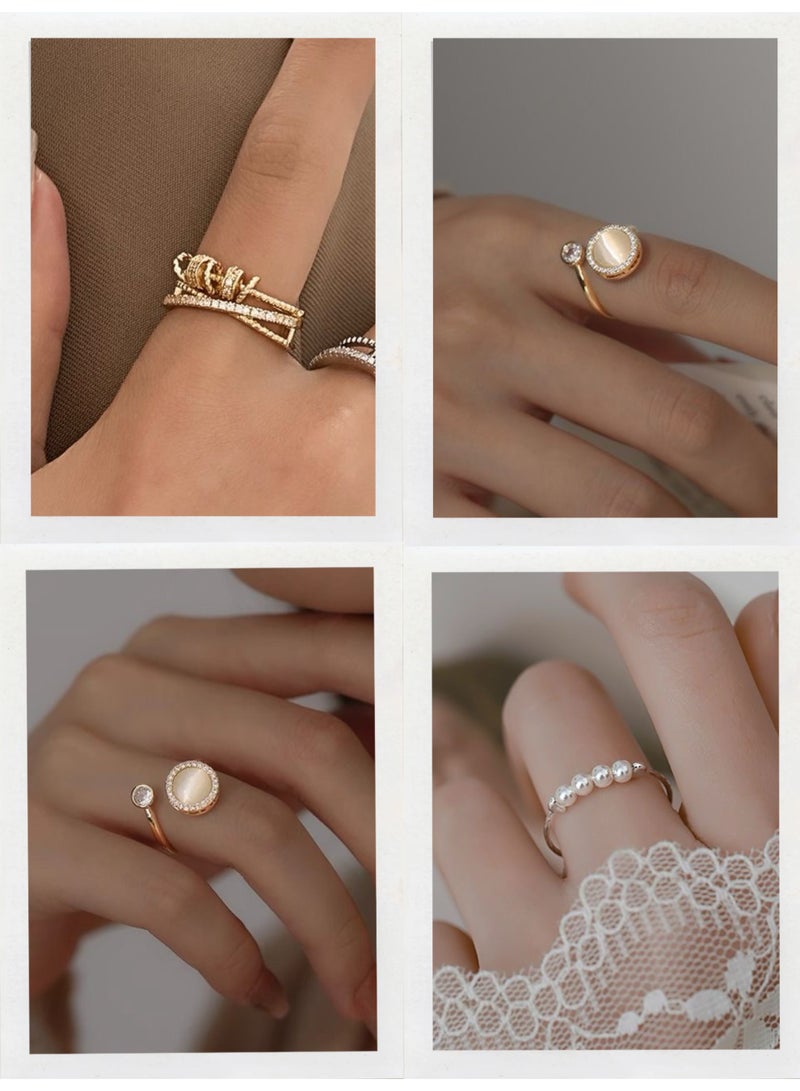 AuliceVerse 4Pcs Gold Plated Adjustable Spinner Anxiety Rings for Women - Pearl & Crystal Accent Stress Relief Rotation Rings, Floral/Curved Design Fidget Statement Rings for Daily Wear & Gifts - Image 2