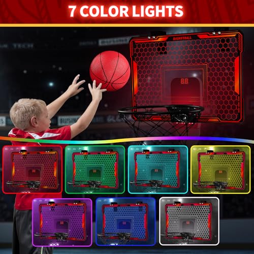 HYES Remote Control Basketball Hoop Indoor with 7 LED Lighting Mini Basketball Hoop with Electronic Scoreboard 3 Modes Over Door Basketball Hoop Basketball Toys Sport Gifts for Kids Adults red - Image 5