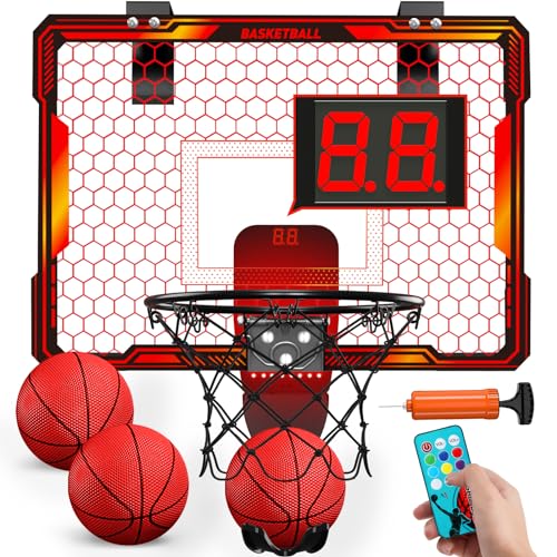 HYES Remote Control Basketball Hoop Indoor with 7 LED Lighting Mini Basketball Hoop with Electronic Scoreboard 3 Modes Over Door Basketball Hoop Basketball Toys Sport Gifts for Kids Adults red - Image 1