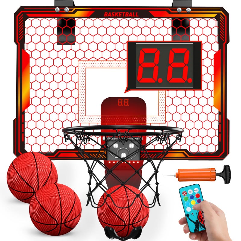HYES Remote Control Basketball Hoop Indoor with 7 LED Lighting Mini Basketball Hoop with Electronic Scoreboard 3 Modes Over Door Basketball Hoop Basketball Toys Sport Gifts for Kids Adults red - Image 2